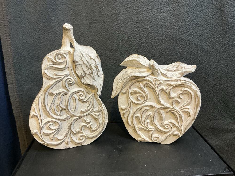 Unique Beautiful Wooden Floral Etched Pear & Apple With Antique Finish